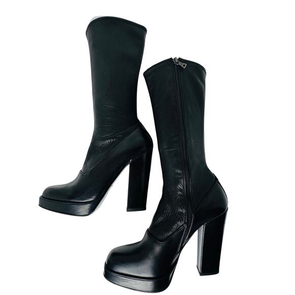 Prada Vintage Black Leather Sock Boots Size 38.5 High Block Heel Stretch Shaft - Picture 10 of 12